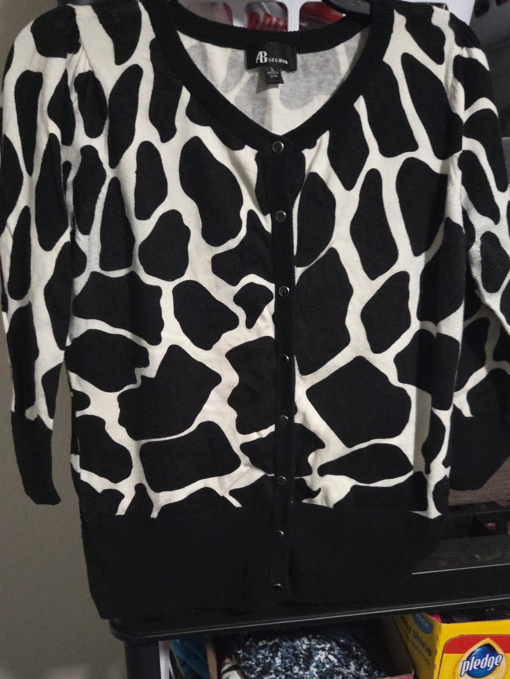 AB Studio Black and White Cow-Print V-Neck Button Cardigan